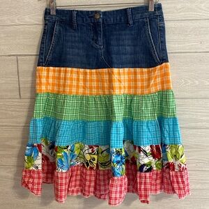 Denim and fabric ruffle tier denim jeans skirt. Size 6P